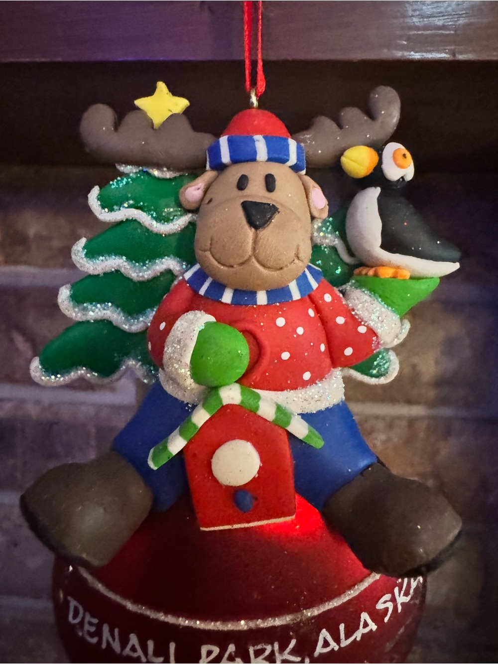 Denali Park Moose Holiday Ornament in Red, Green, Blue